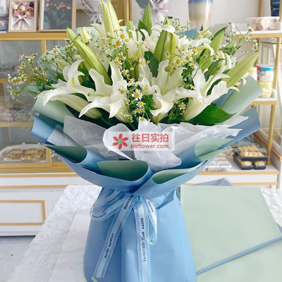 丽水8支白色多头百合洋甘菊，互倾的思念