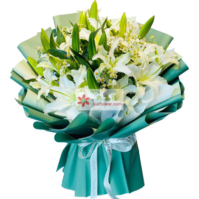 丽水8支白色多头百合洋甘菊，如潮的思念