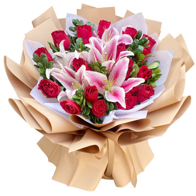 丽水20朵红玫瑰2支粉色多头百合，爱的幸福快乐