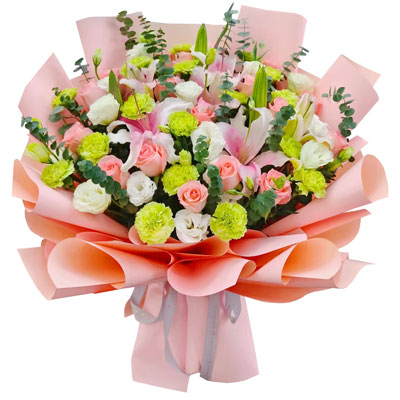 丽水16朵粉玫瑰百合康乃馨，宁静和温柔